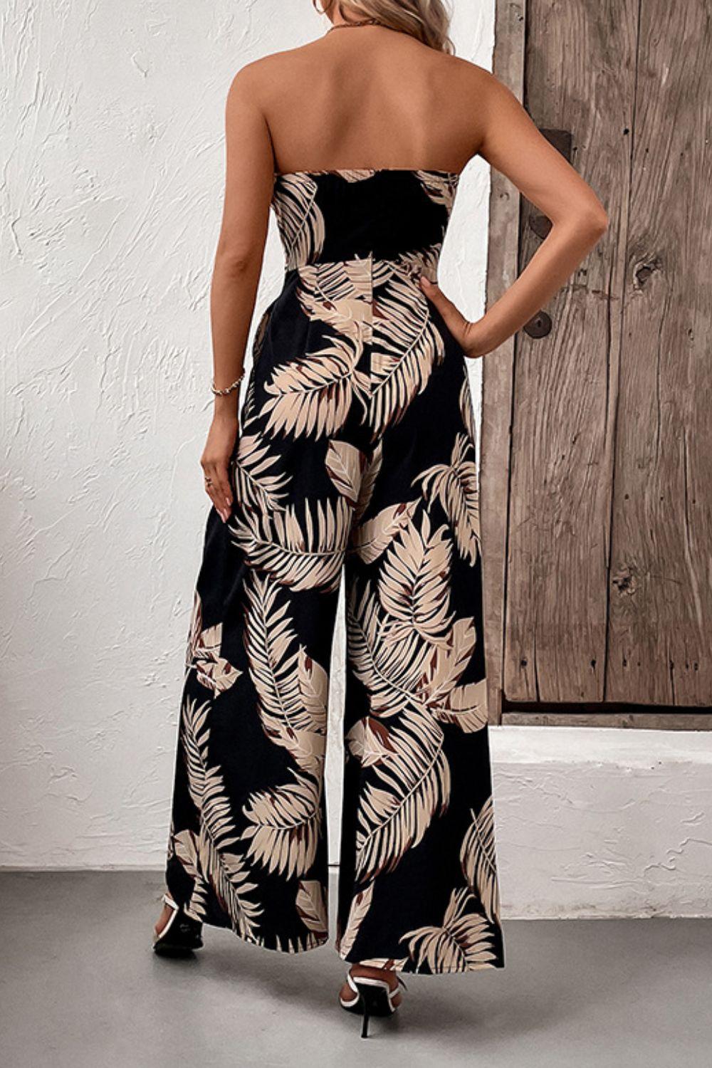 Women's Printed Strapless Wide Leg Jumpsuit with Pockets