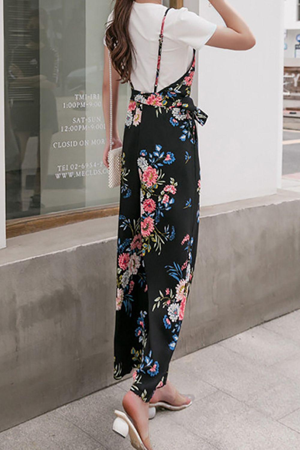 Woman's Floral Spaghetti Strap Wide Leg Jumpsuit with Pockets