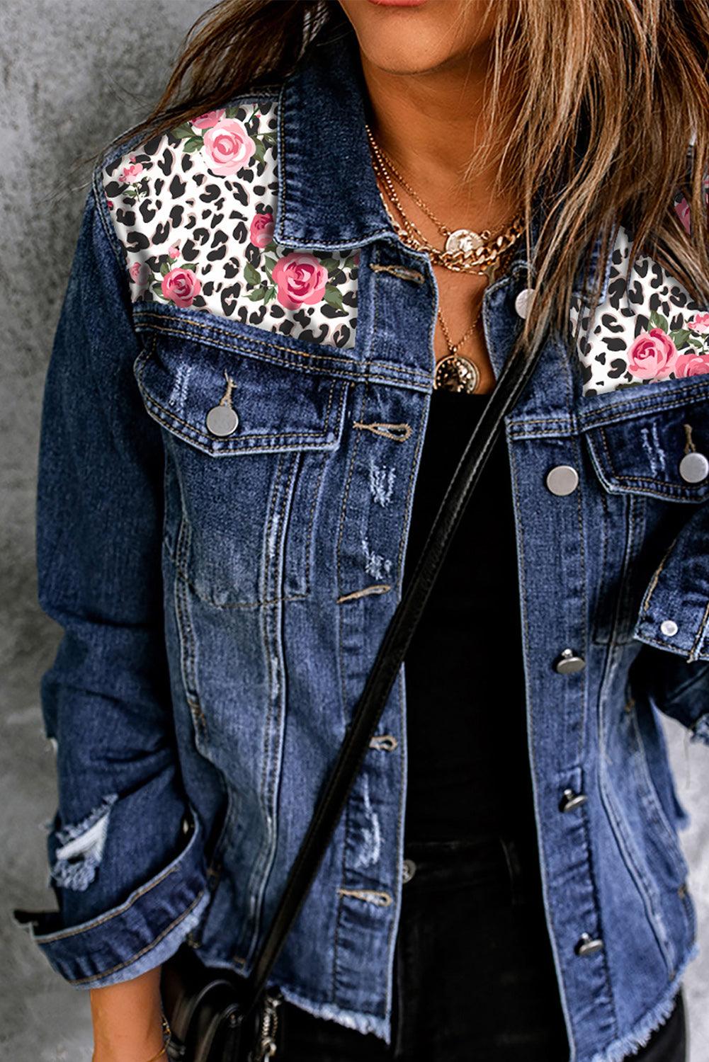 Women's Mixed Print Distressed Button Front Denim Jacket