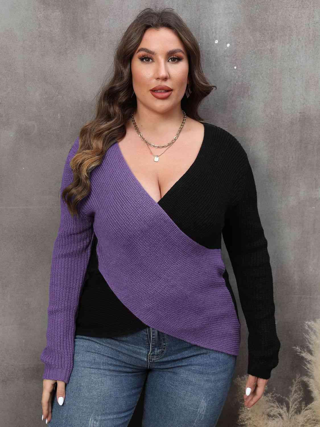 Plus Size Two-Tone Surplice Neck Sweater