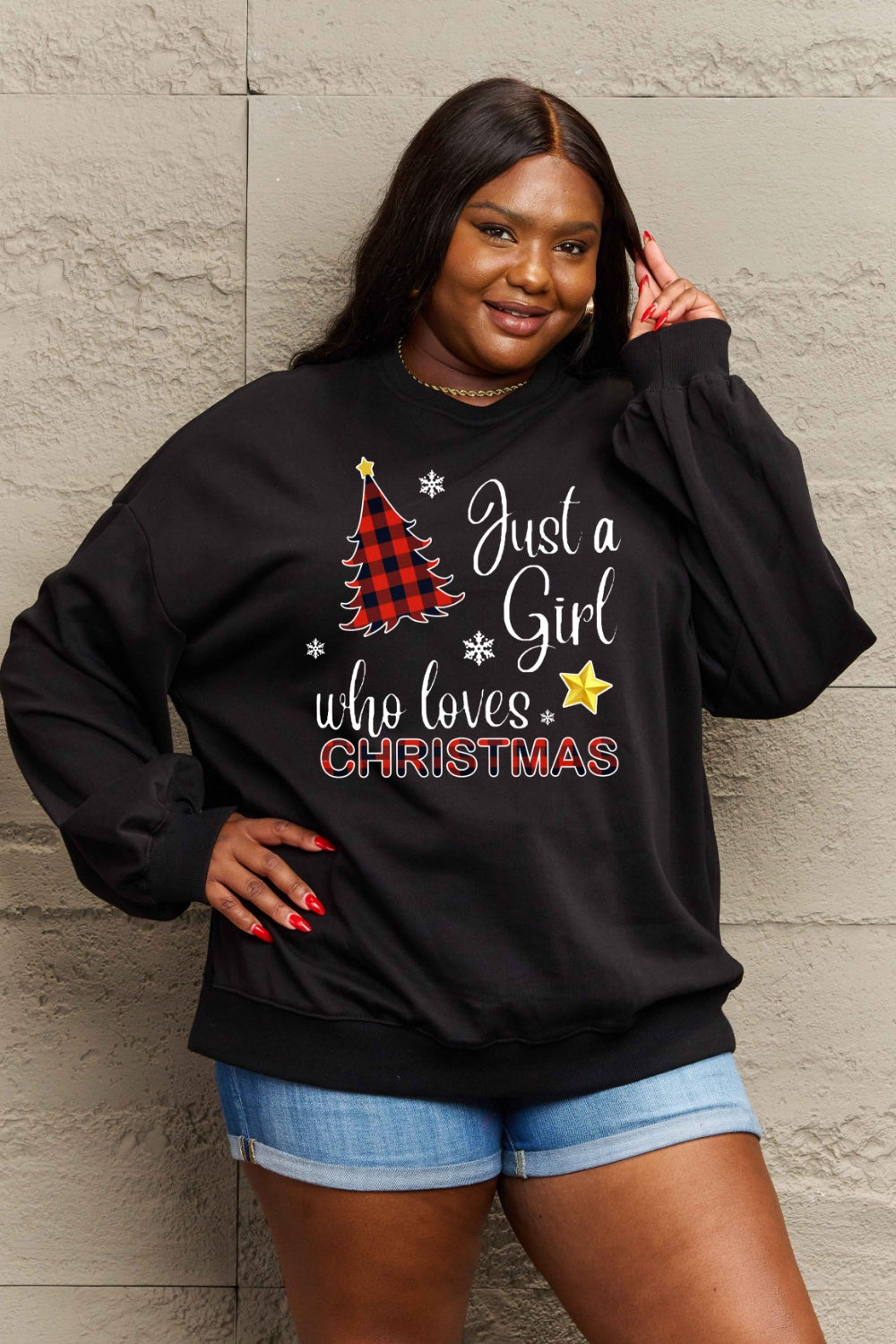 Simply Love Full Size Graphic Sweatshirt (Just A Girl Who Loves Christmas)