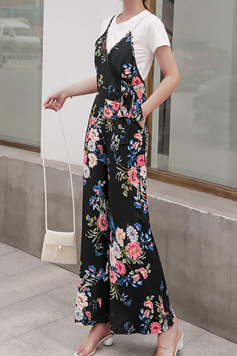 Woman's Floral Spaghetti Strap Wide Leg Jumpsuit with Pockets