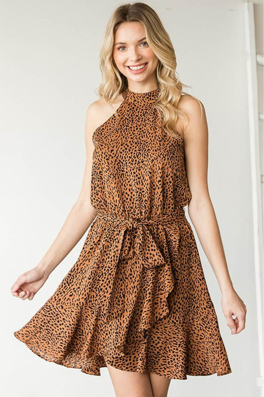 Women's Full Size Leopard Belted Sleeveless Dress