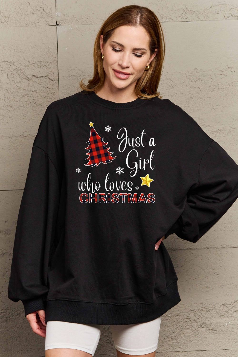 Simply Love Full Size Graphic Sweatshirt (Just A Girl Who Loves Christmas)