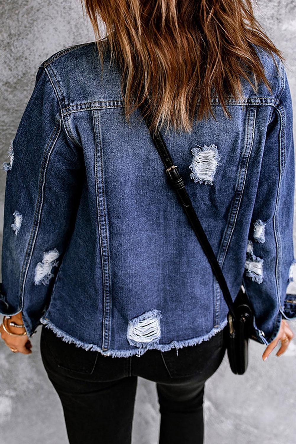 Women's Mixed Print Distressed Button Front Denim Jacket