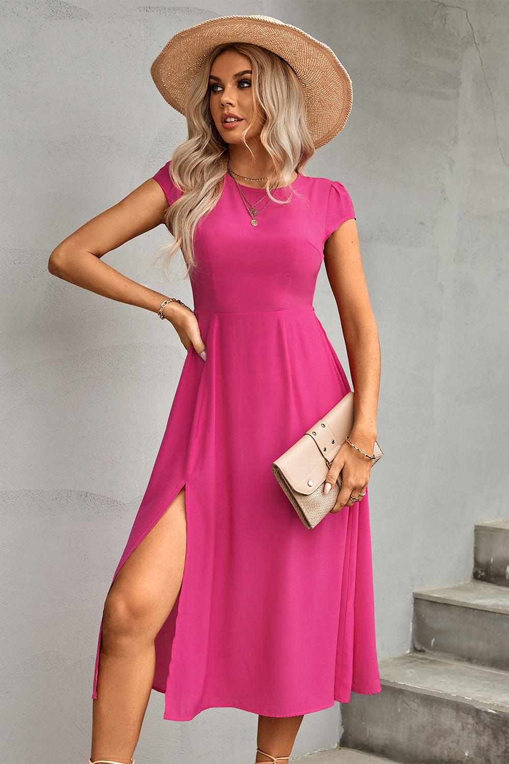 Women's Tie Back Cutout Round Neck Split Dress