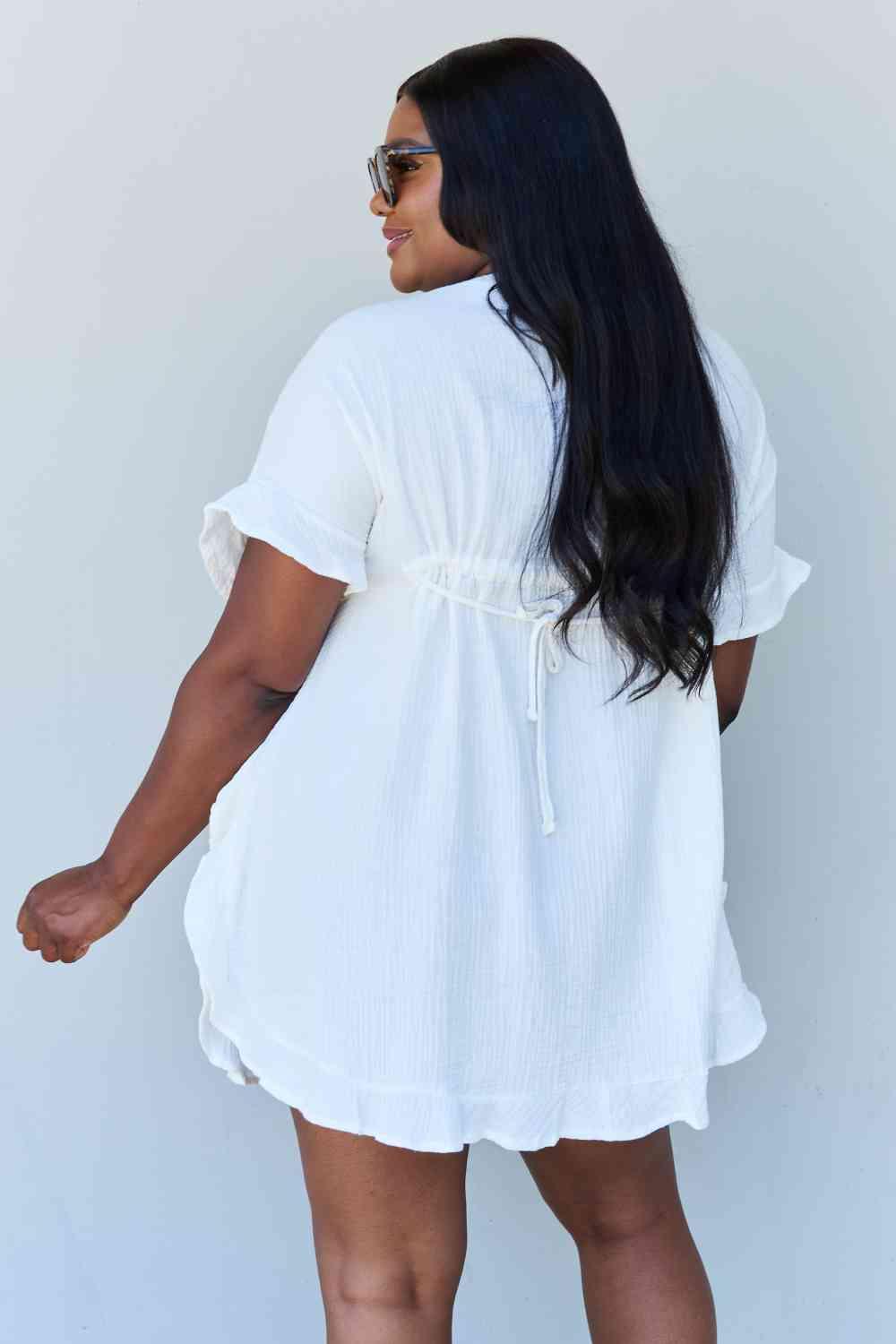 Ninexis Out Of Time Full Size Ruffle Hem Dress with Drawstring Waistband (White)