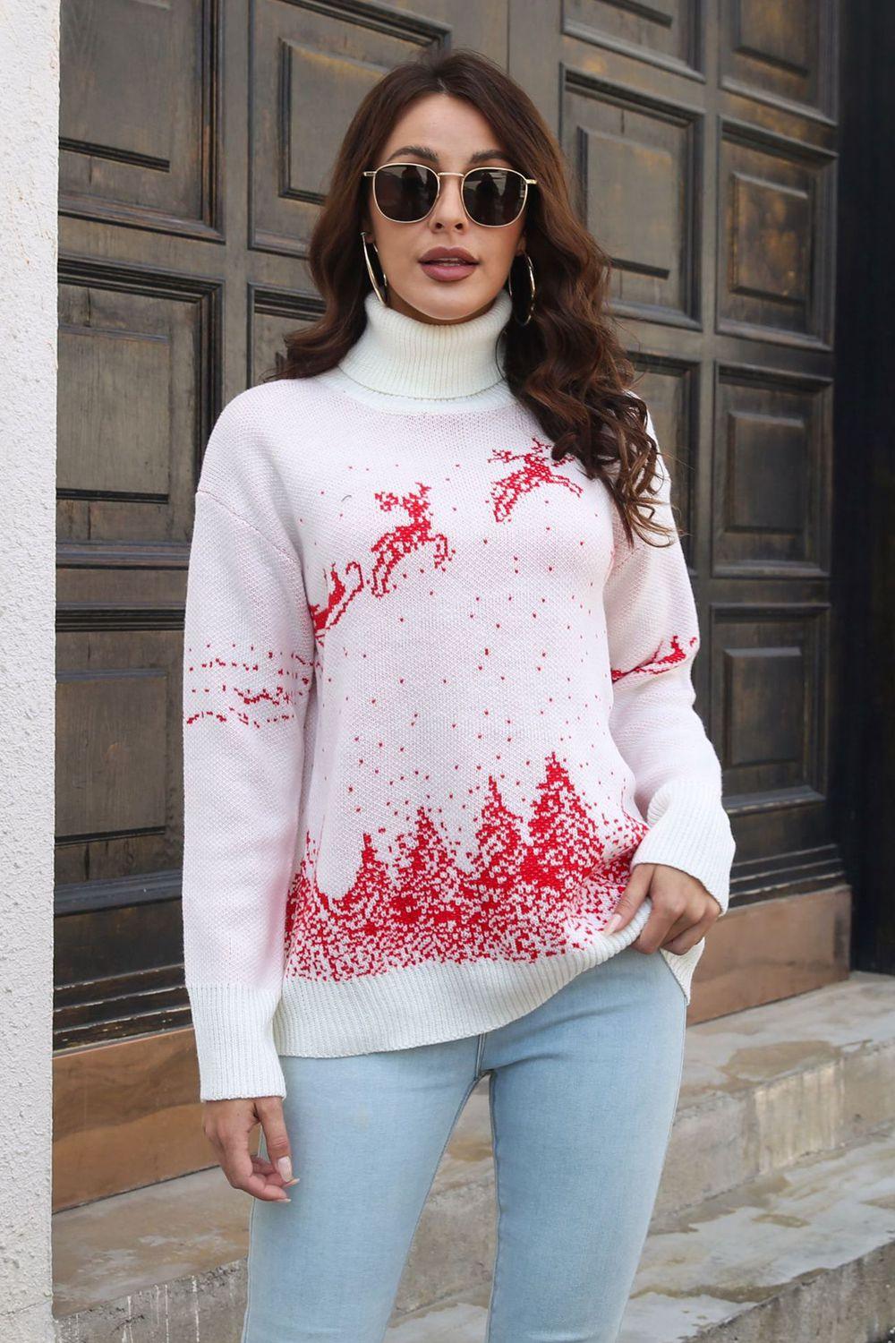 Women's Reindeer & Snow Pattern Turtle Neck Pullover Sweater