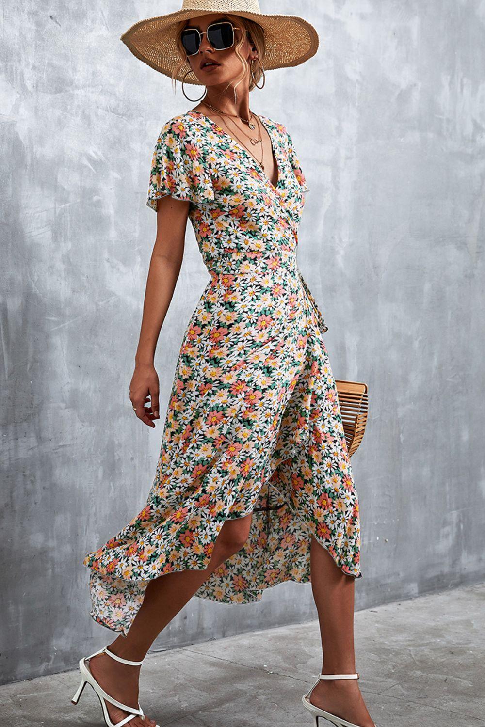 Women's Floral Surplice Neck Tied Midi Dress