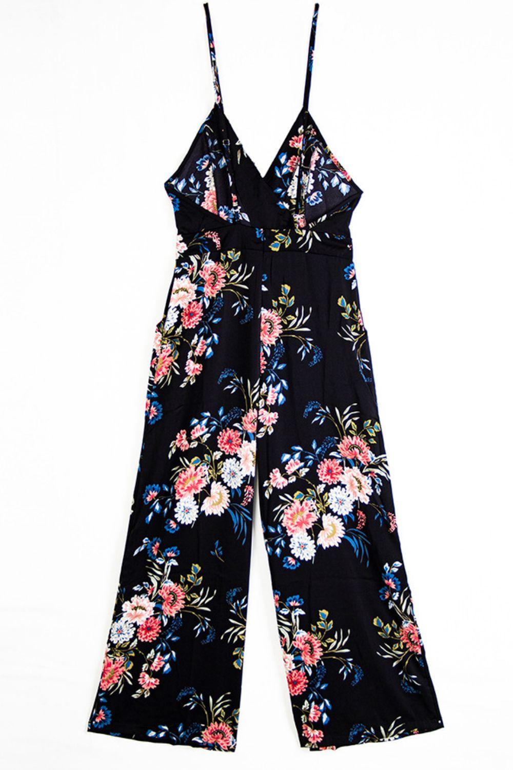 Woman's Floral Spaghetti Strap Wide Leg Jumpsuit with Pockets