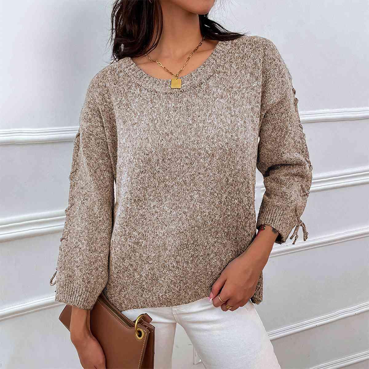 Lace-Up Long Sleeve Round Neck Sweater