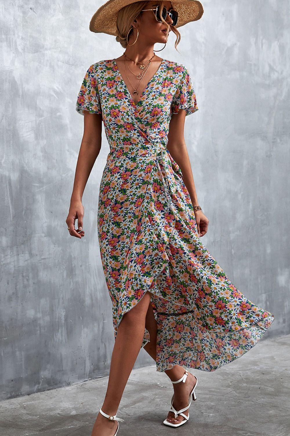 Women's Floral Surplice Neck Tied Midi Dress