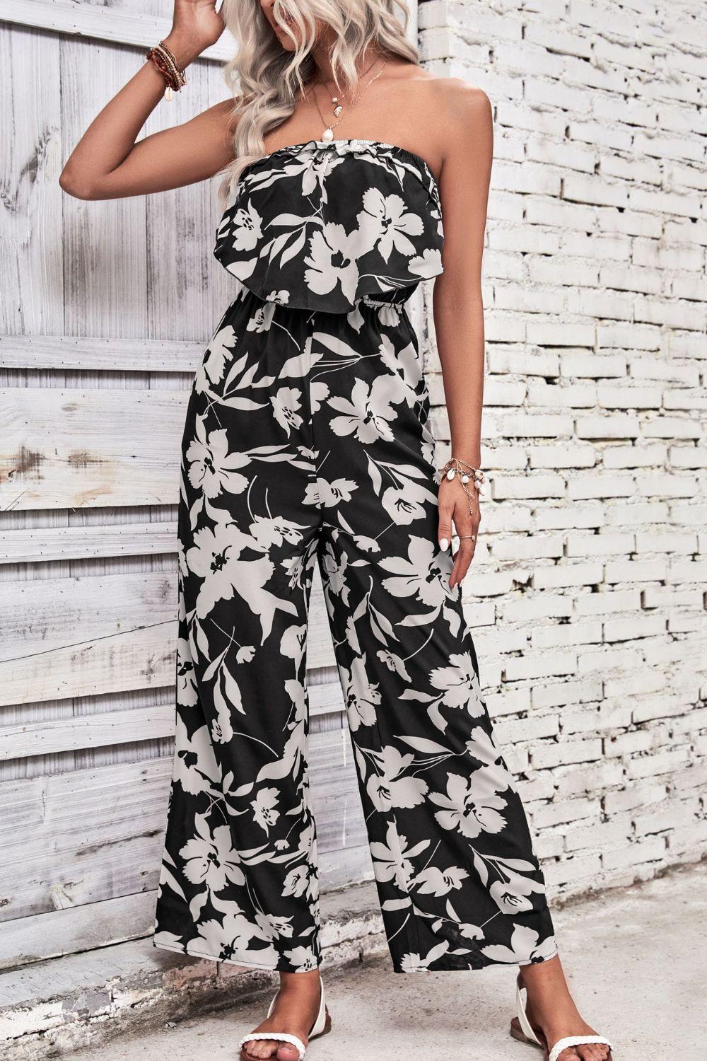 Women's Floral Strapless Wide Leg Jumpsuit