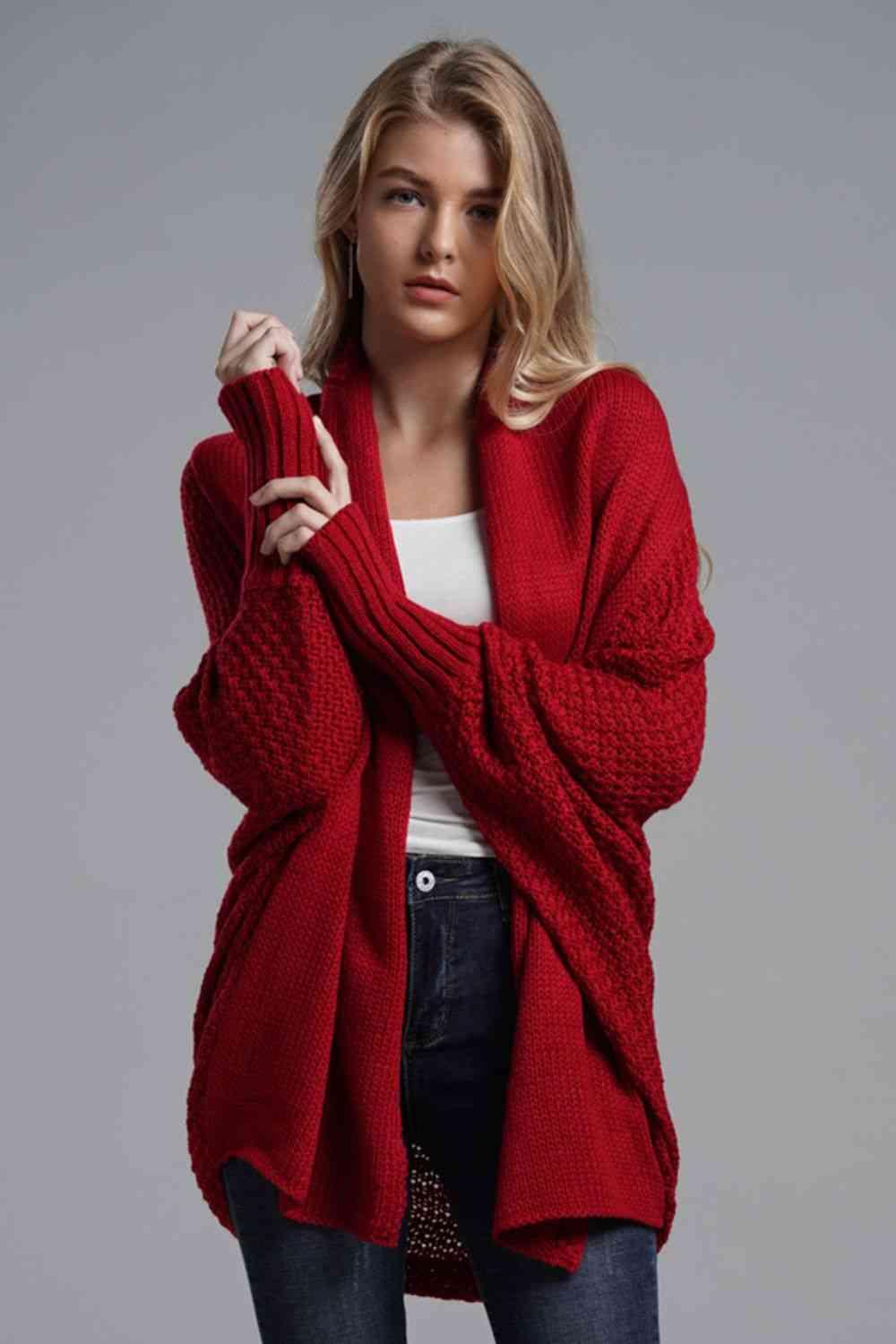 Double Take Dolman Sleeve Open Front Ribbed Trim Longline Cardigan