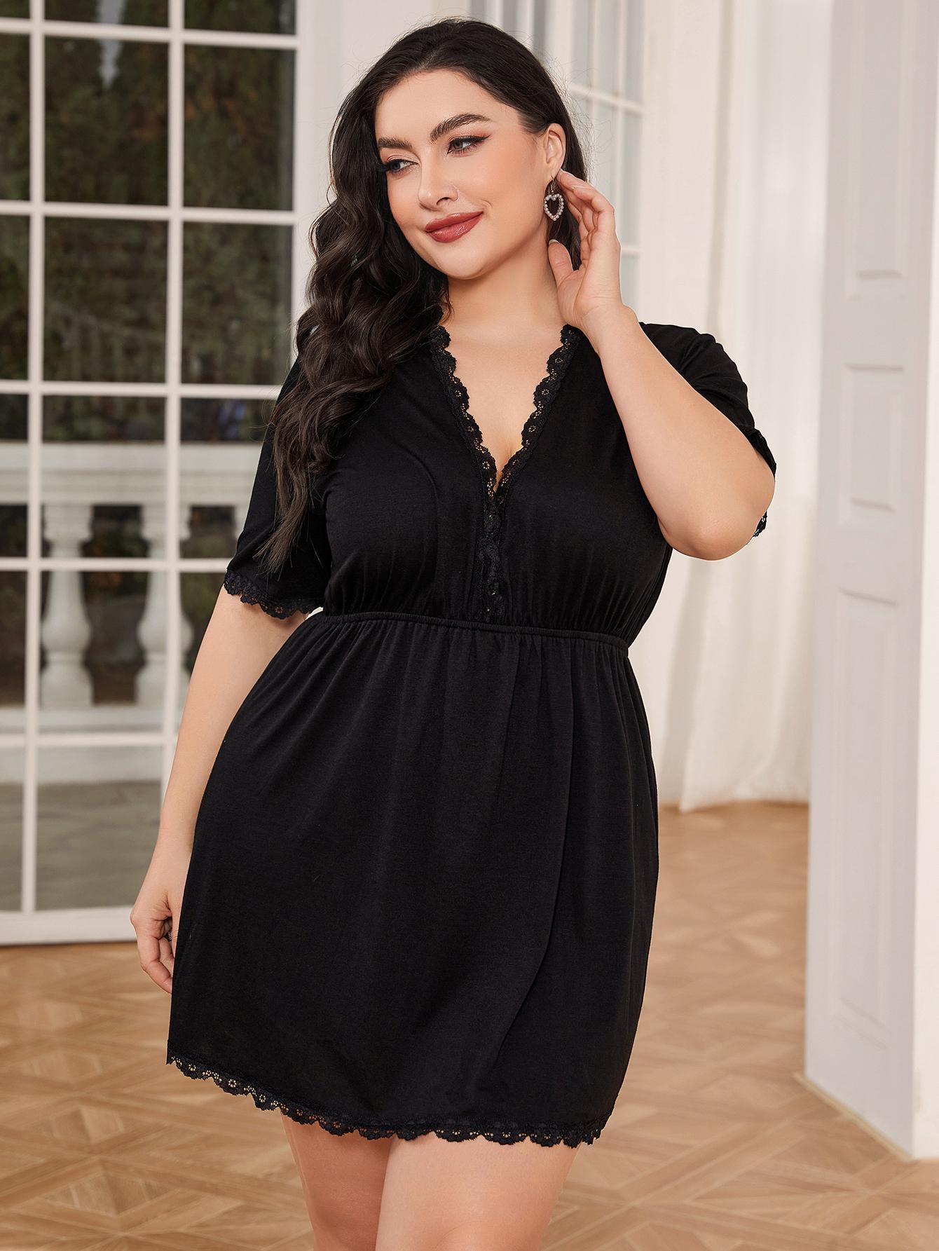 Women's Plus Size Lace Trim Deep V Night Dress