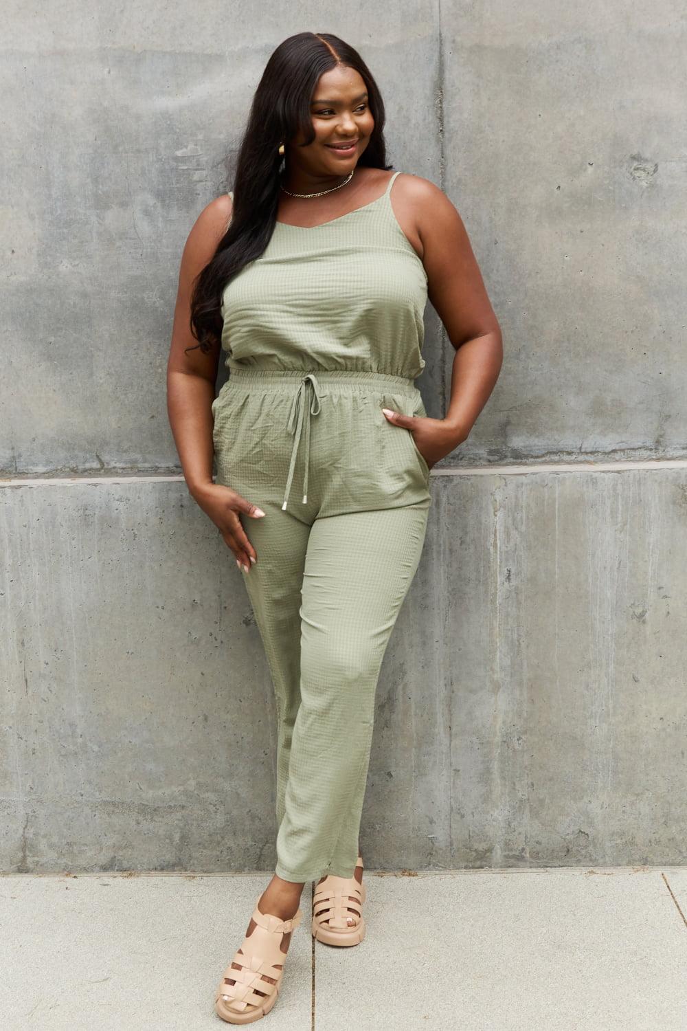 Women's Full Size Textured Woven Jumpsuit in Sage