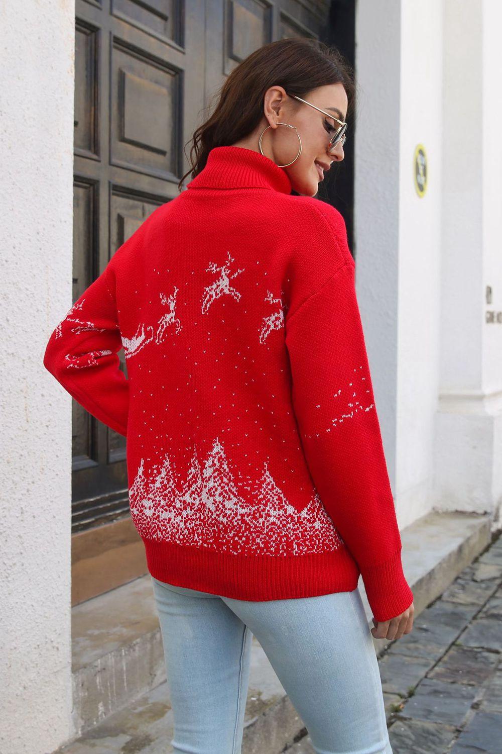 Women's Reindeer & Snow Pattern Turtle Neck Pullover Sweater