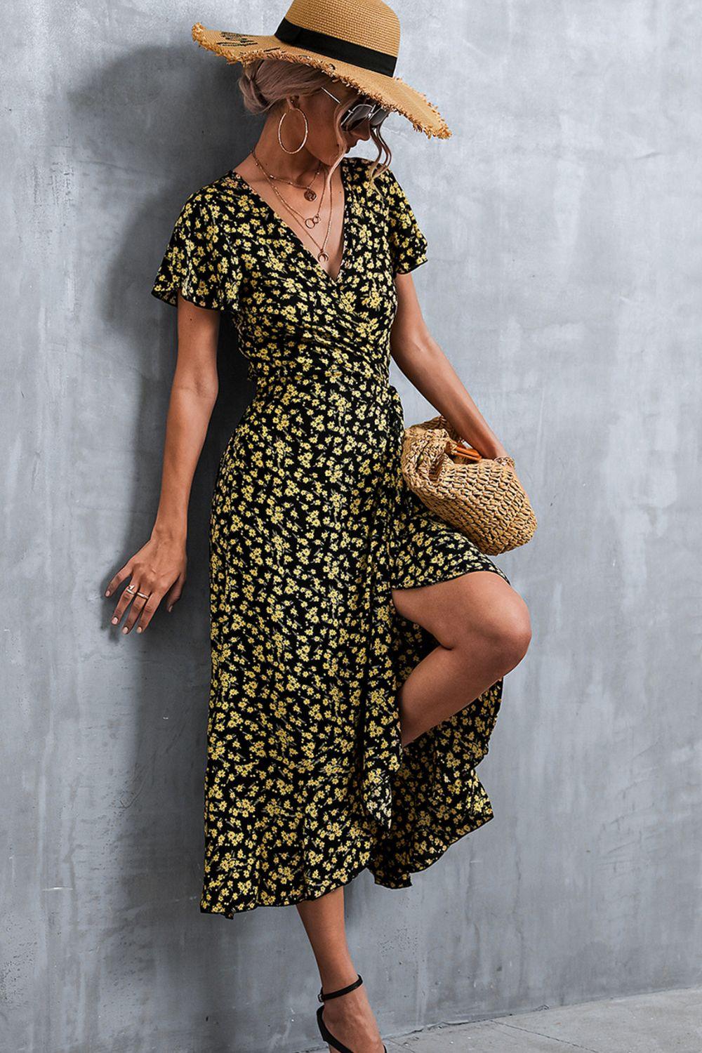 Women's Floral Surplice Neck Tied Midi Dress