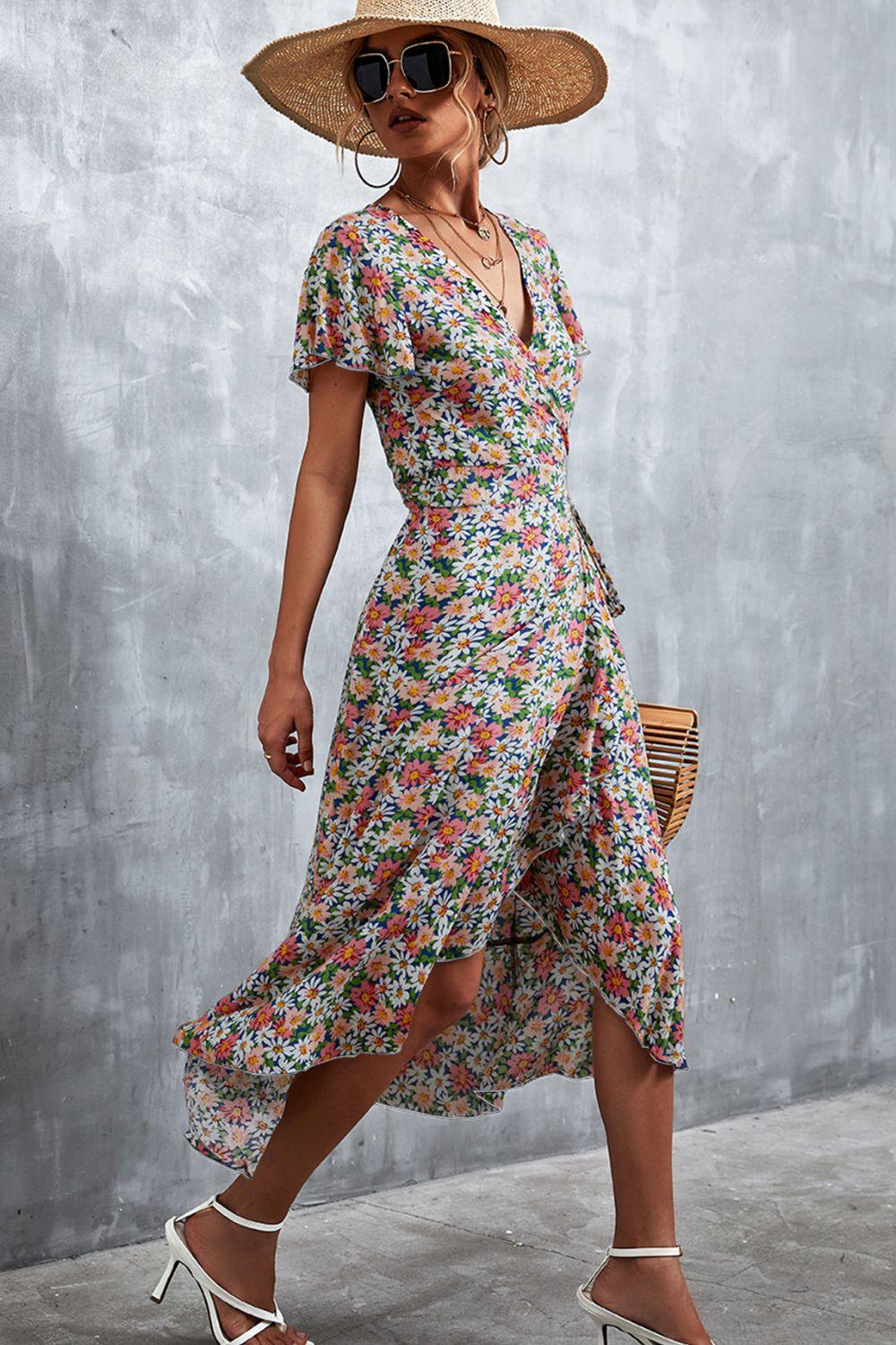 Women's Floral Surplice Neck Tied Midi Dress