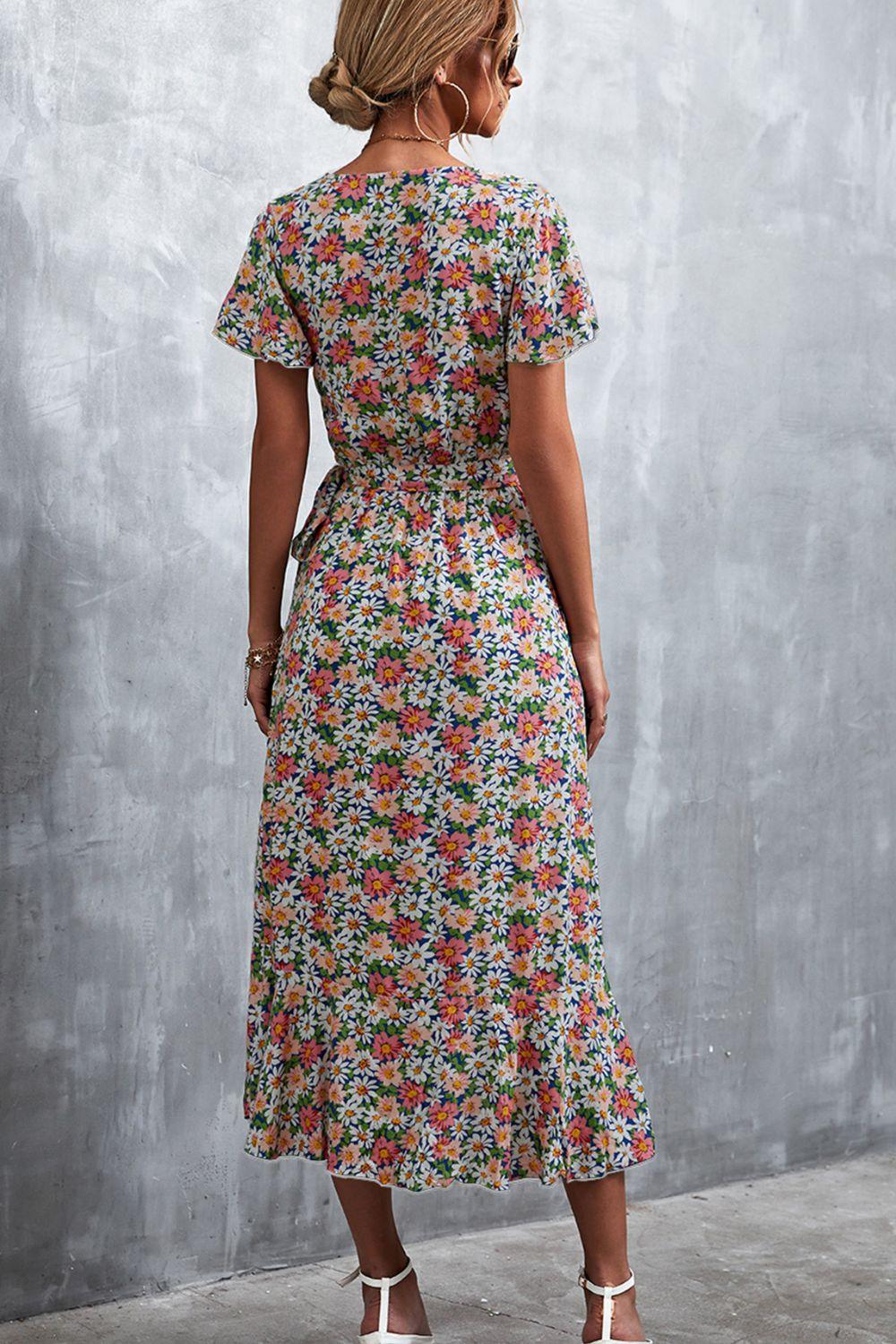 Women's Floral Surplice Neck Tied Midi Dress