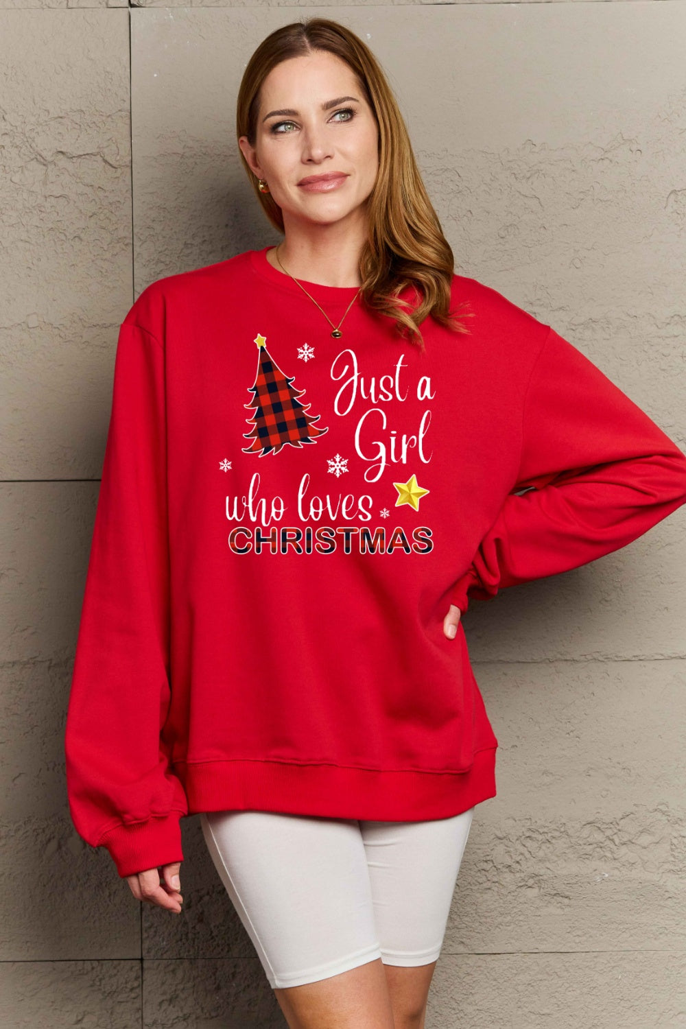 Simply Love Full Size Graphic Sweatshirt (Just A Girl Who Loves Christmas)