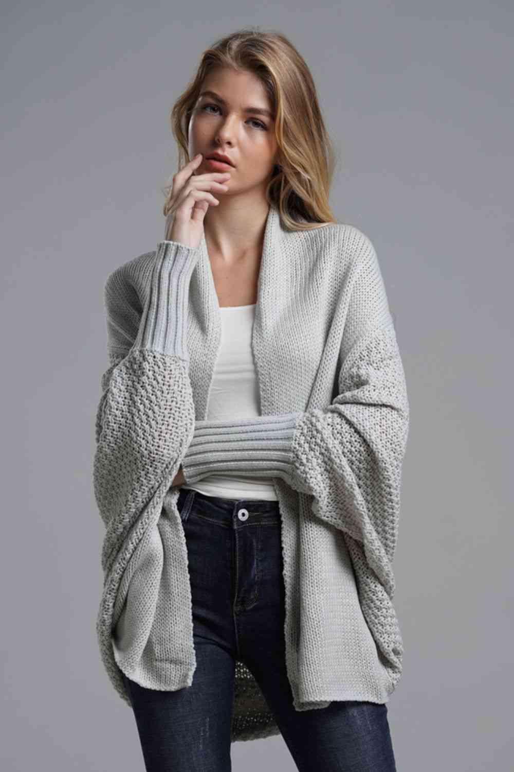 Double Take Dolman Sleeve Open Front Ribbed Trim Longline Cardigan