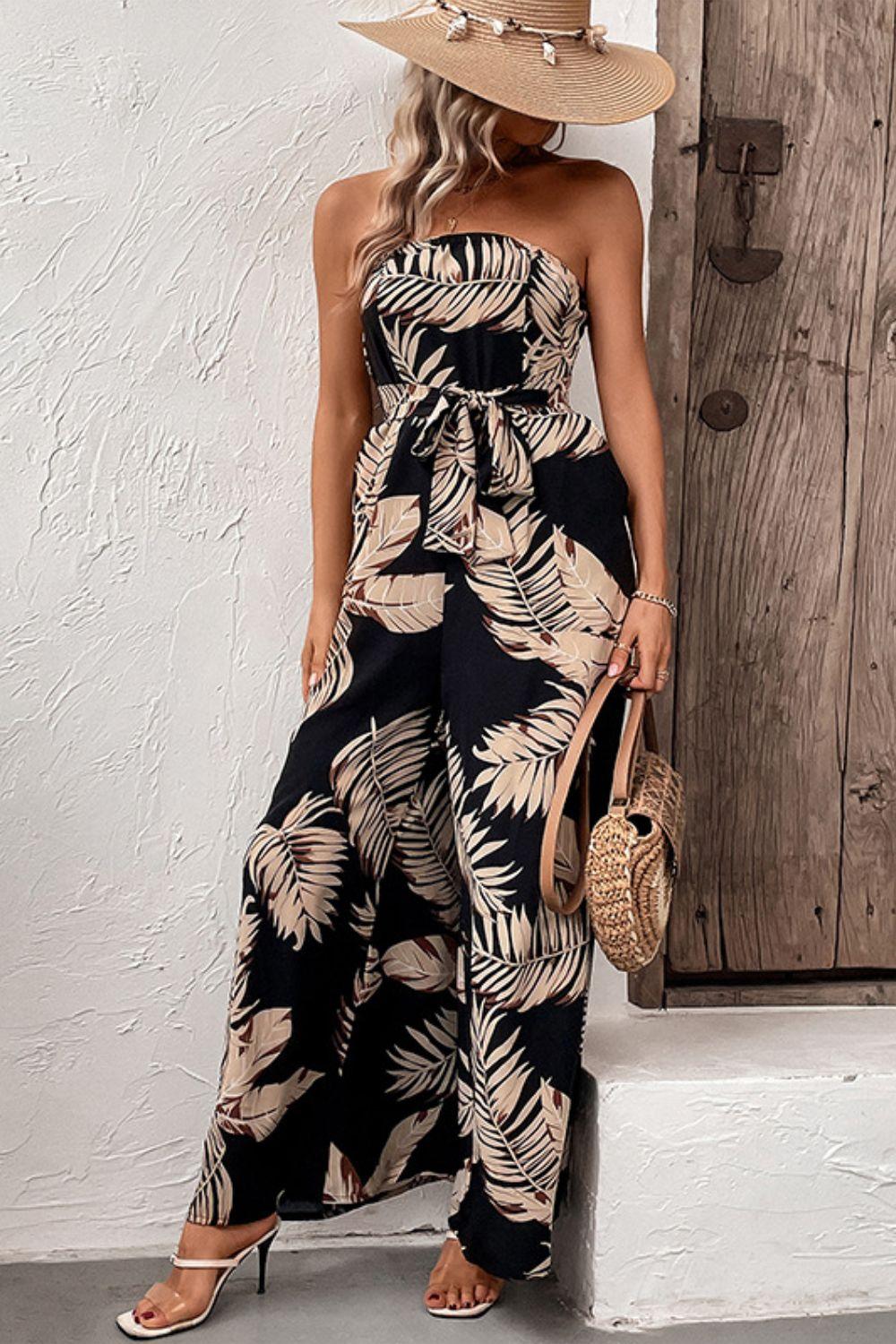 Women's Printed Strapless Wide Leg Jumpsuit with Pockets