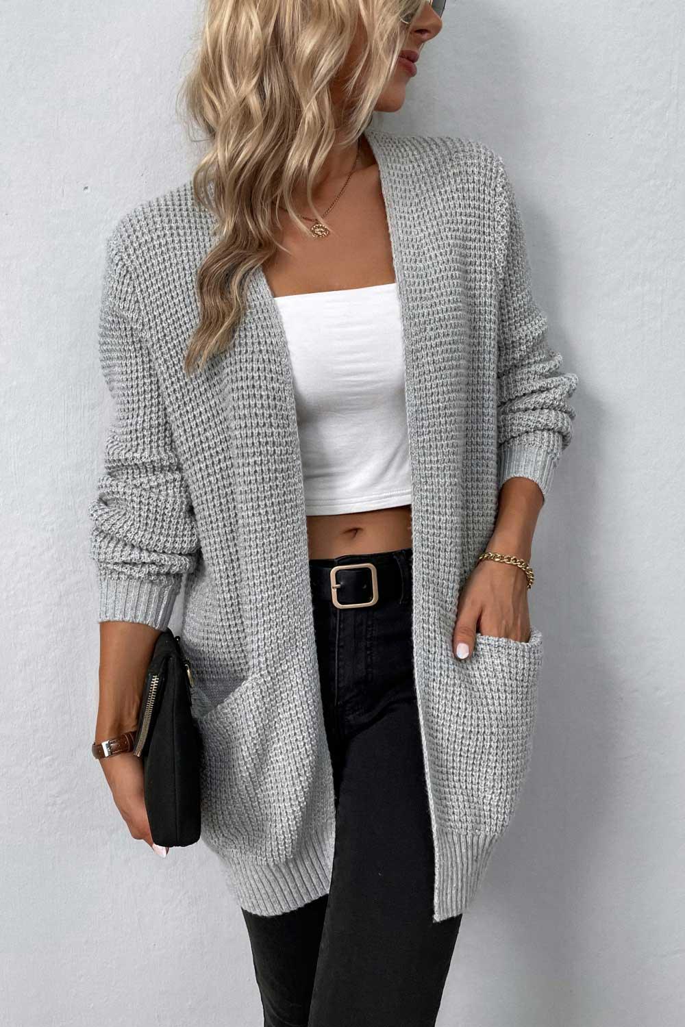 Women's Rib-Knit Open Front Pocketed Cardigan