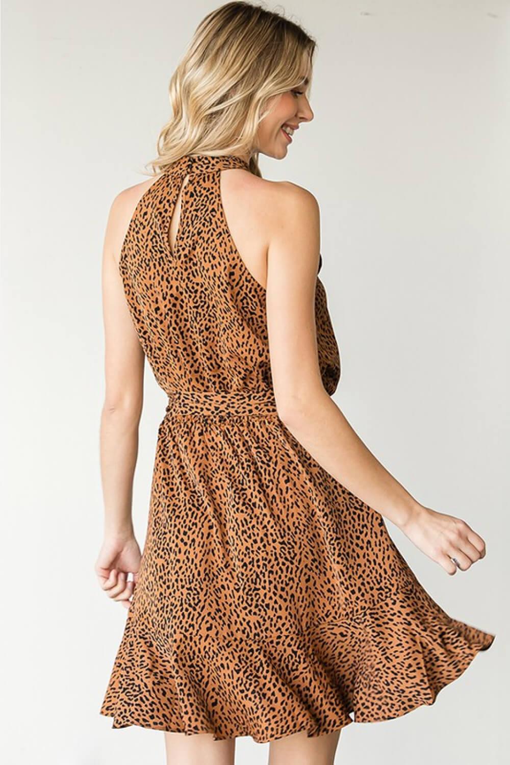 Women's Full Size Leopard Belted Sleeveless Dress